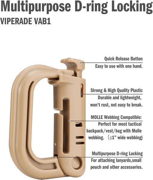Tactical D-Ring Grimlock Carabiner Clip MOLLE Webbing Attachment Fast Latch System For Military Vest/Backpacks/Pouch/Bag/Belt