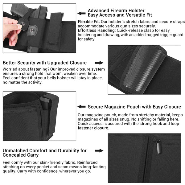 Tactical Belly Band Holster Concealed Carry Waist Band Pistol Holster Airsoft Holster Belt for Outdoor Hunting Fitness Defense