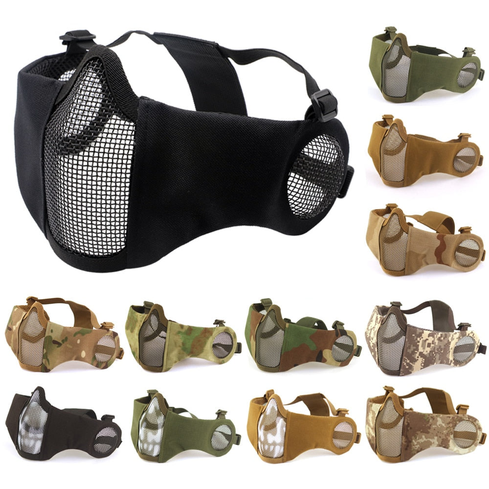 Tactical  Mask Paintball CS Half Face Steel Mesh Comfortable Ear Protective Mask Adjustable Foldable Outdoor Mask