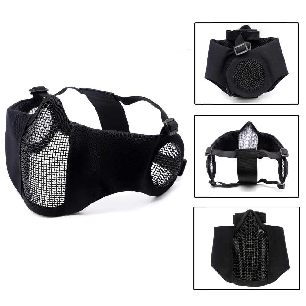 Tactical  Mask Paintball CS Half Face Steel Mesh Comfortable Ear Protective Mask Adjustable Foldable Outdoor Mask