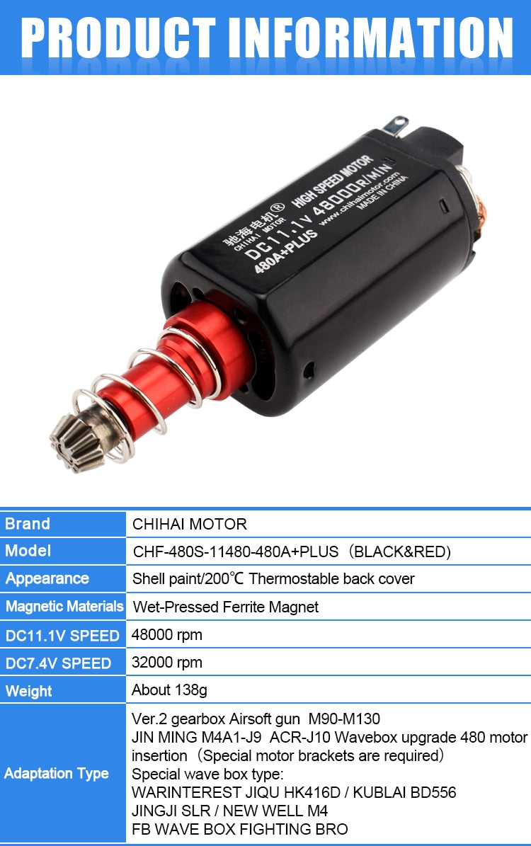 chihai motor 480 Long sharft  High Speed Custom Motor for well M4 V2 Gearbox Modification Upgrade 11.1v 48000 RPM