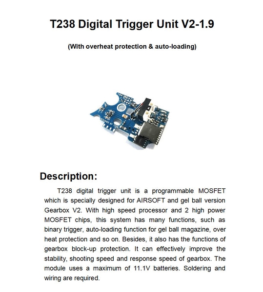 T238 Digital Trigger Unit V2-1.9 for AIRSOFT and Gel Blaster v2 Gearbox