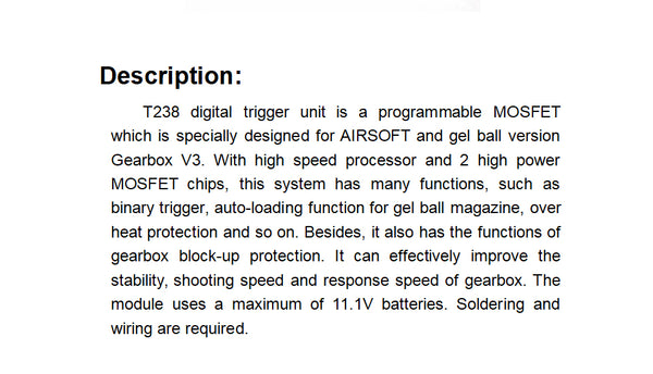 T238 Digital Trigger Unit V3-1.9 Programmable MOSFET for AIRSOFT and Gel Blaster Gearbox  with Overheat Protection &amp; Auto-loading